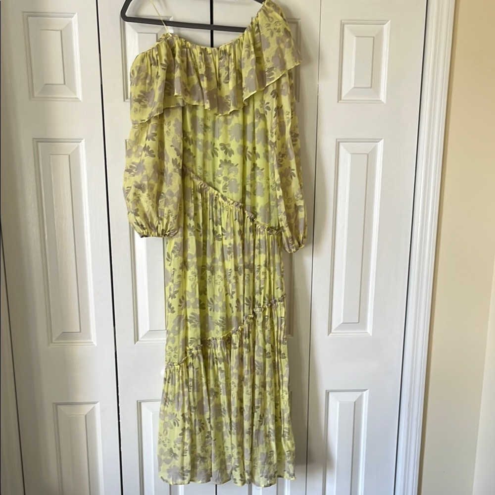 Astr yellow grey floral off the shoulder  Ruffled Tiered dress with 3/4 Sleeves
